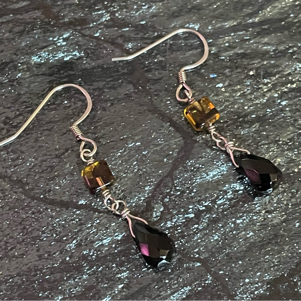 Amber Glass and Black Obsidian Handmade Dangle Earrings